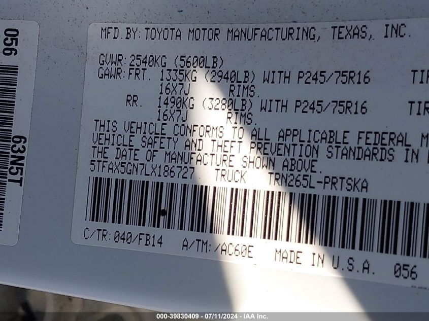 2020 Toyota Tacoma Sr VIN: 5TFAX5GN7LX186727 Lot: 39830409