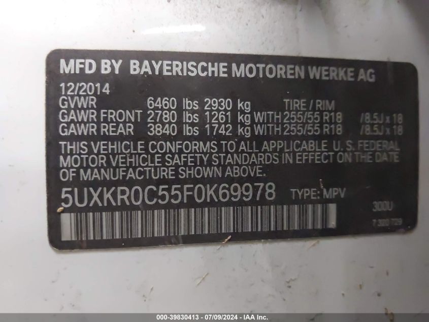 2015 BMW X5 xDrive35I VIN: 5UXKR0C55F0K69978 Lot: 39830413