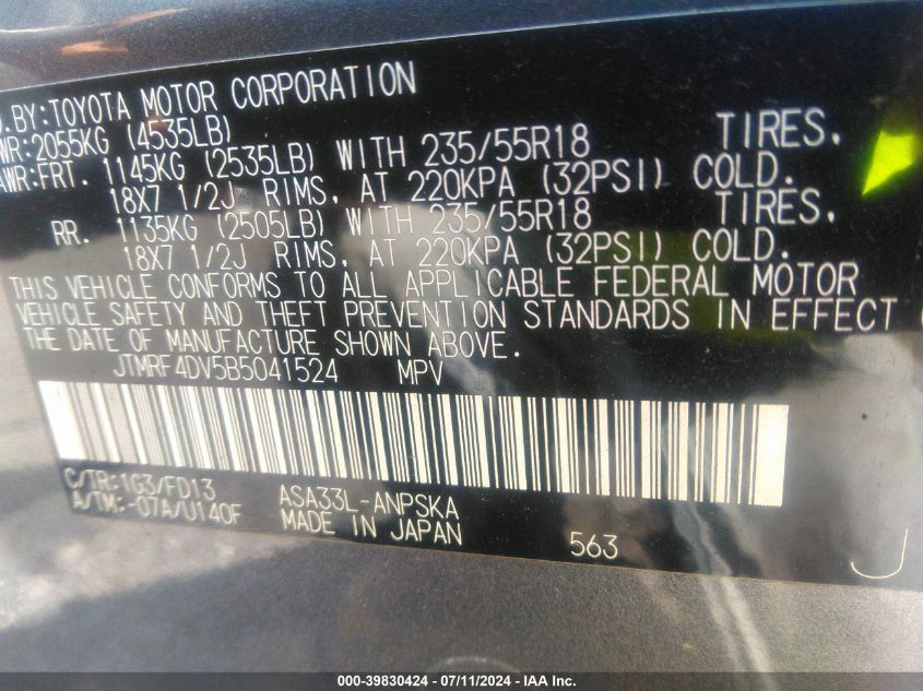 2011 Toyota Rav4 Sport VIN: JTMRF4DV5B5041524 Lot: 39830424