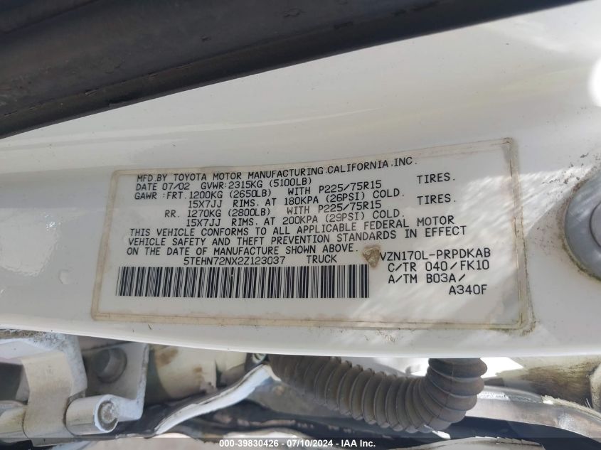 2002 Toyota Tacoma Base V6 VIN: 5TEHN72NX2Z123037 Lot: 39830426