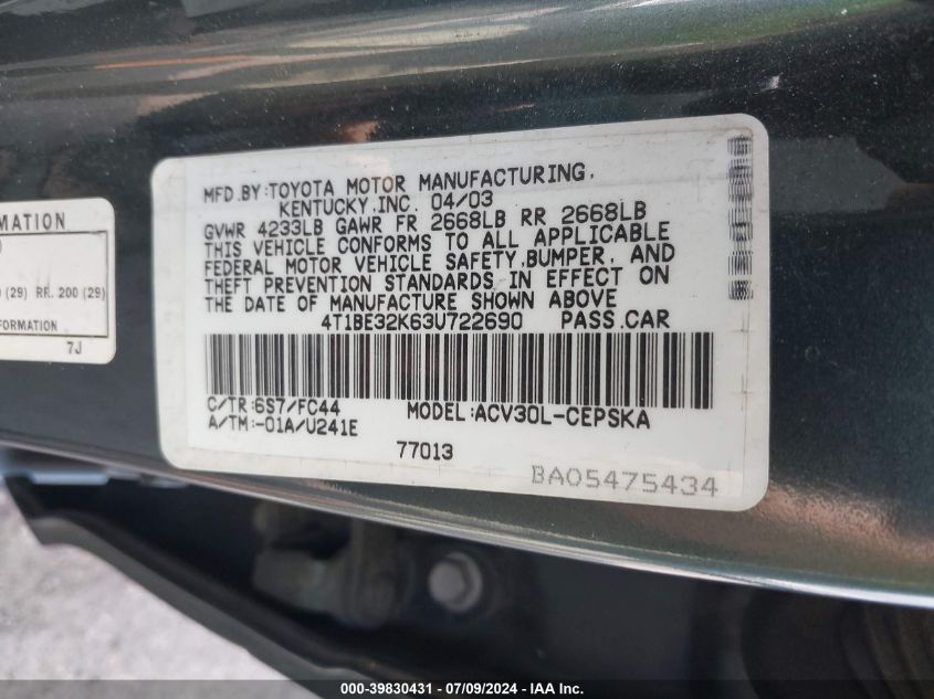 2003 Toyota Camry Se VIN: 4T1BE32K63U722690 Lot: 39830431