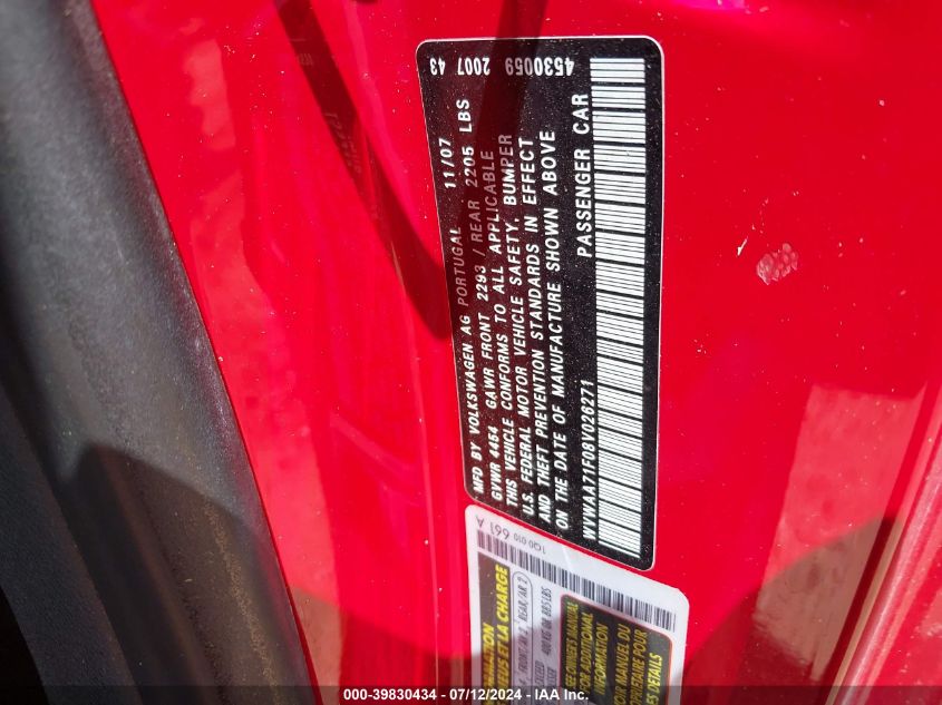 2008 Volkswagen Eos Turbo/Komfort VIN: WVWAA71F08V026271 Lot: 39830434