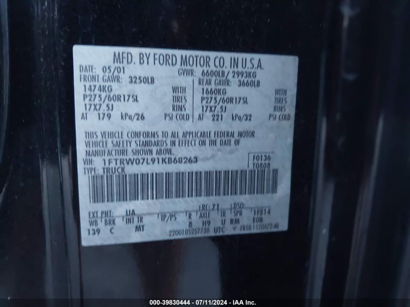 2001 Ford F-150 Harley-Davidson Edition/King Ranch Edition/Lariat/Xlt VIN: 1FTRW07L91KB68263 Lot: 39830444