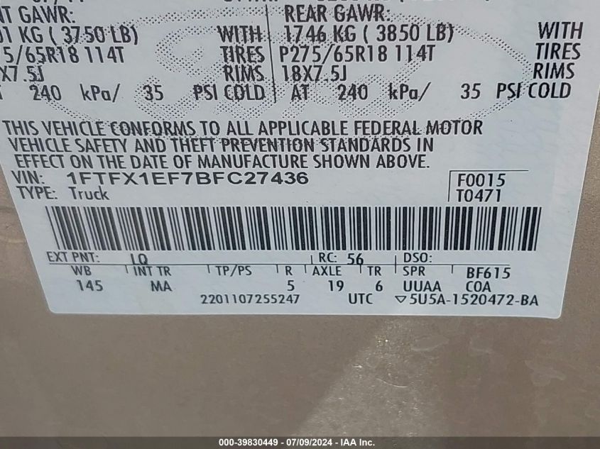 2011 Ford F-150 Xlt VIN: 1FTFX1EF7BFC27436 Lot: 39830449