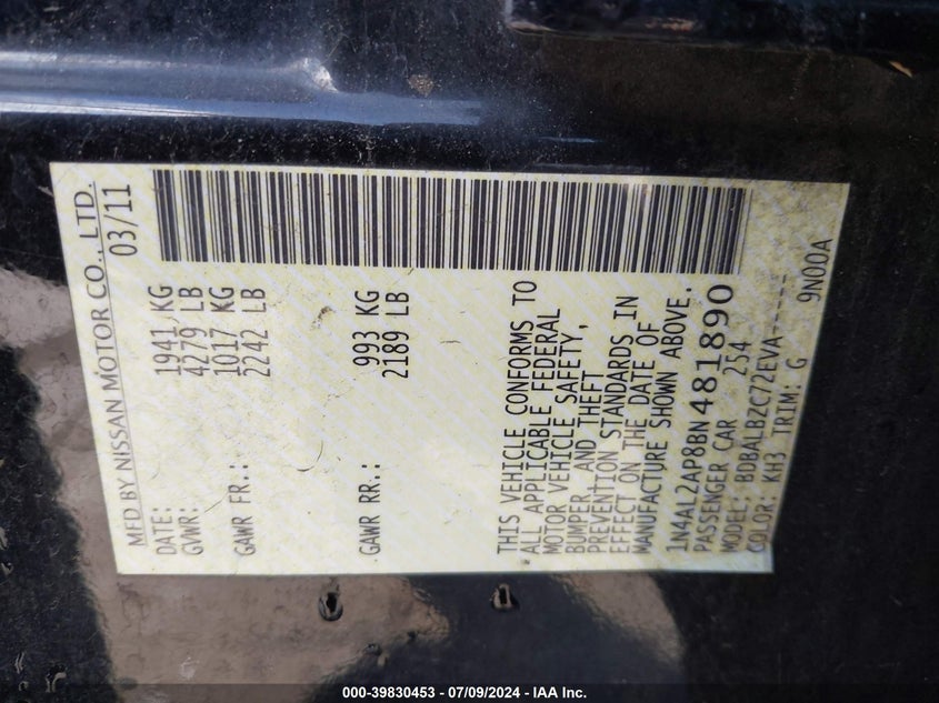 2011 Nissan Altima 2.5 S VIN: 1N4AL2AP8BN481890 Lot: 39830453