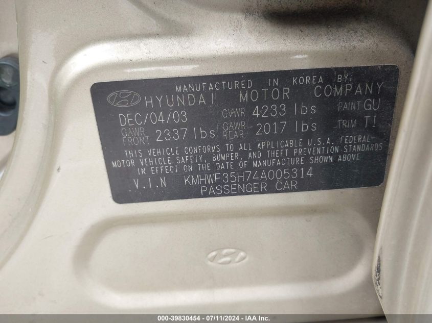2004 Hyundai Sonata Gls/Lx VIN: KMHWF35H74A005314 Lot: 39830454