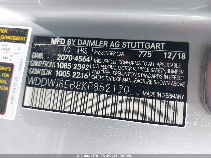 2019 Mercedes-Benz C 300 4Matic VIN: WDDWJ8EB8KF852120 Lot: 39830470