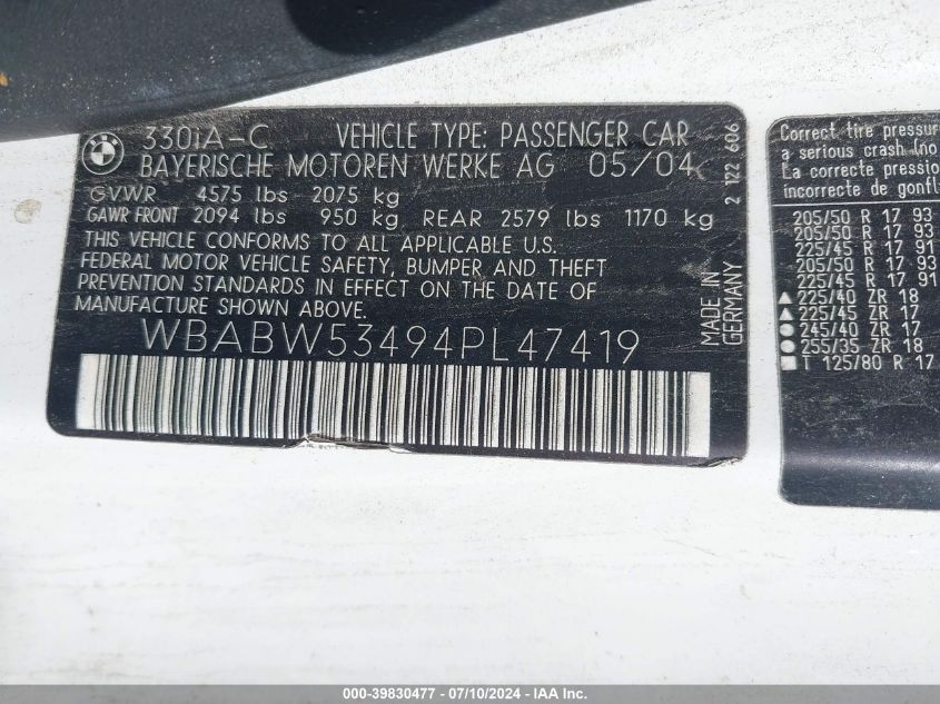 2004 BMW 330Ci Ci VIN: WBABW53494PL47419 Lot: 39830477