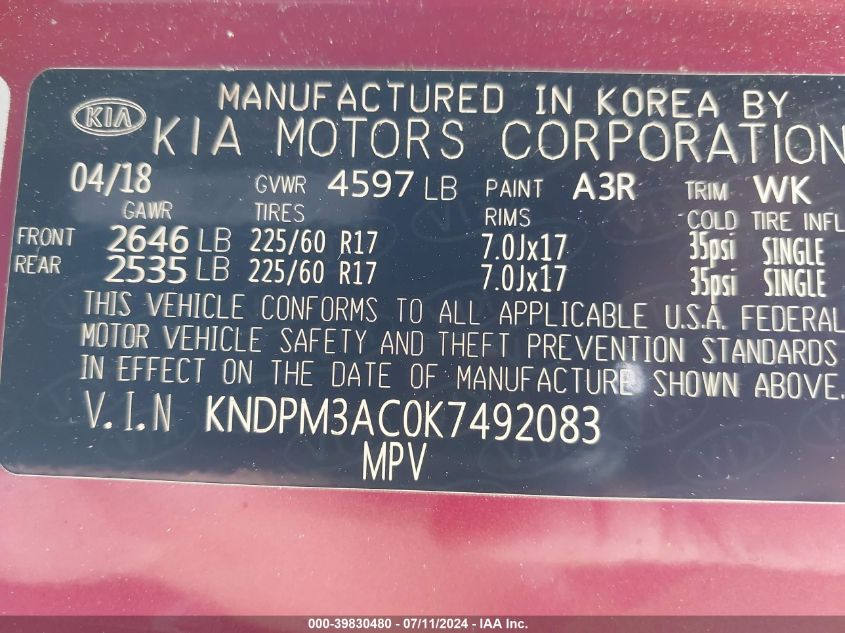 2019 Kia Sportage Lx VIN: KNDPM3AC0K7492083 Lot: 39830480