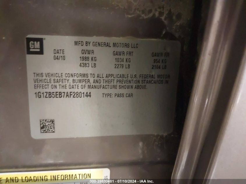 2010 Chevrolet Malibu Ls VIN: 1G1ZB5EB7AF280144 Lot: 39830481