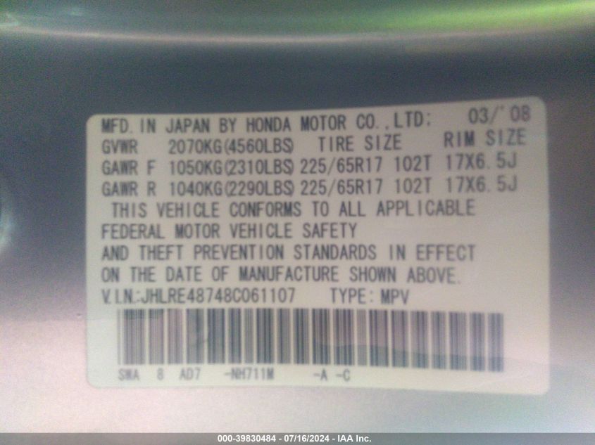 2008 Honda Cr-V Ex-L VIN: JHLRE48748C061107 Lot: 39830484