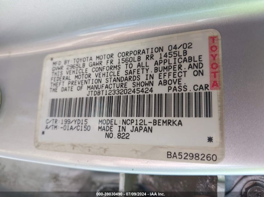 2002 Toyota Echo VIN: JTDBT123320245424 Lot: 39830490