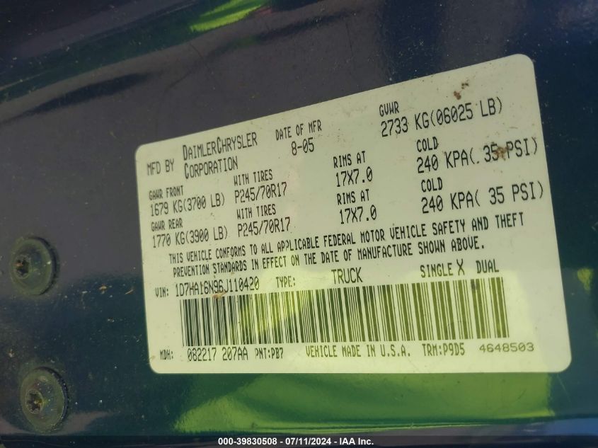 2006 Dodge Ram 1500 St VIN: 1D7HA16N96J110420 Lot: 39830508