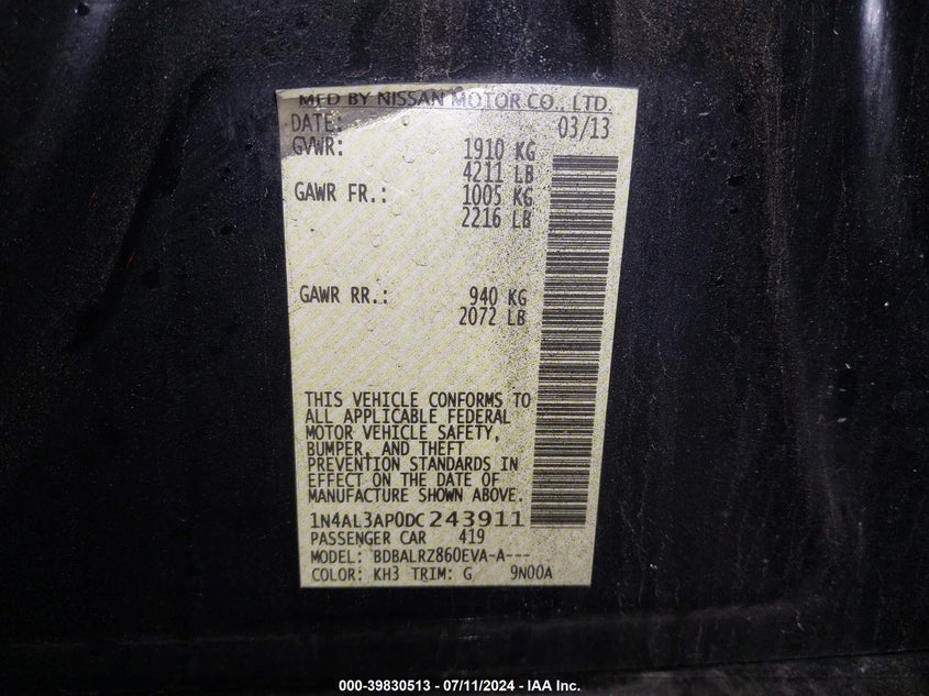 1N4AL3AP0DC243911 2013 Nissan Altima 2.5 S