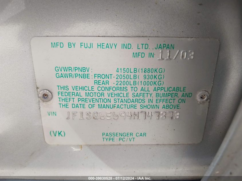 2004 Subaru Forester 2.5Xs VIN: JF1SG65694H747873 Lot: 39830528