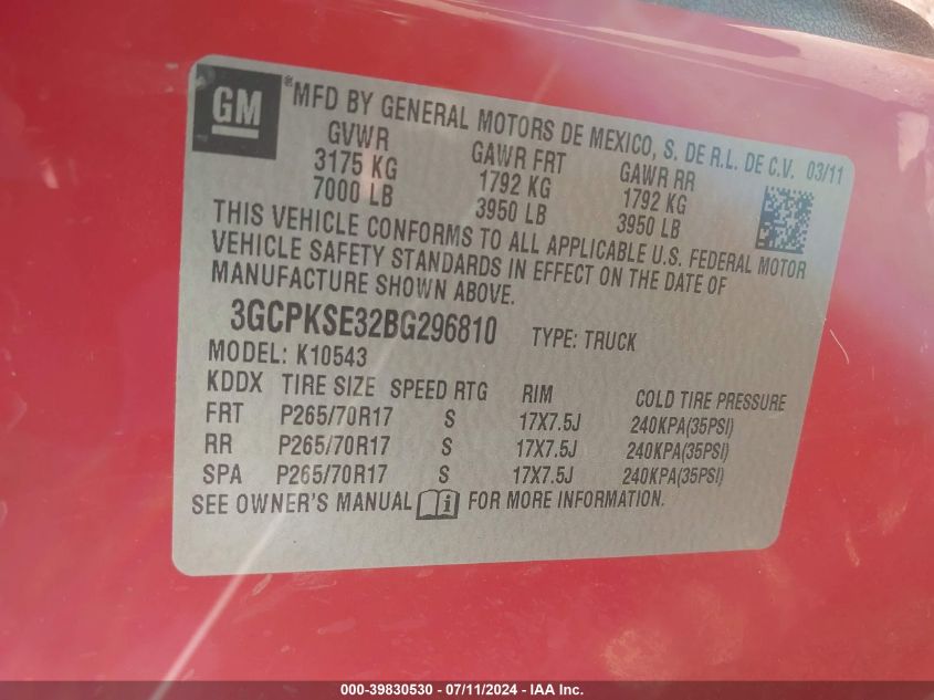 2011 Chevrolet Silverado 1500 Lt VIN: 3GCPKSE32BG296810 Lot: 39830530