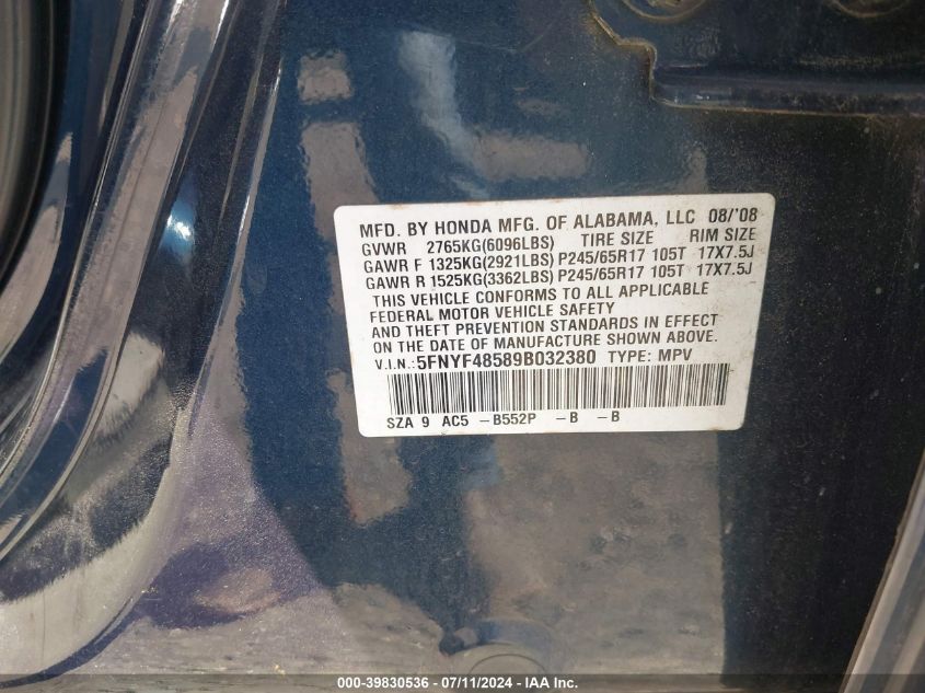 2009 Honda Pilot Ex-L VIN: 5FNYF48589B032380 Lot: 39830536