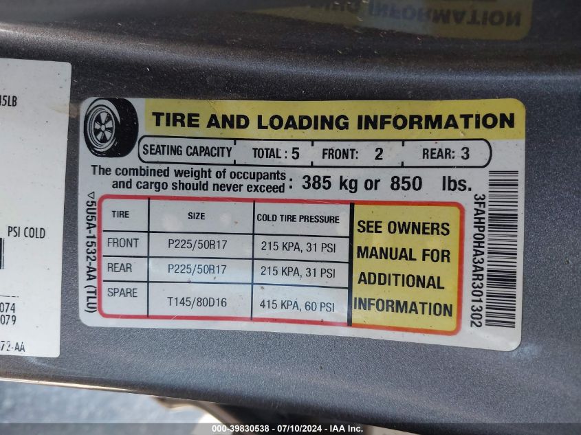 2010 Ford Fusion Se VIN: 3FAHP0HA3AR301302 Lot: 39830538