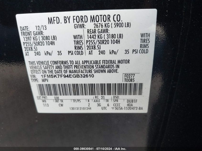 2014 Ford Explorer Limited VIN: 1FM5K7F94EGB32610 Lot: 39830541