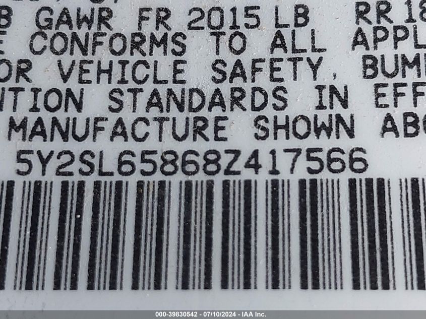 2008 Pontiac Vibe VIN: 5Y2SL65868Z417566 Lot: 39830542