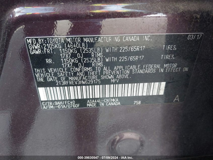 2017 Toyota Rav4 Xle VIN: 2T3RFREV3HW629175 Lot: 39830547