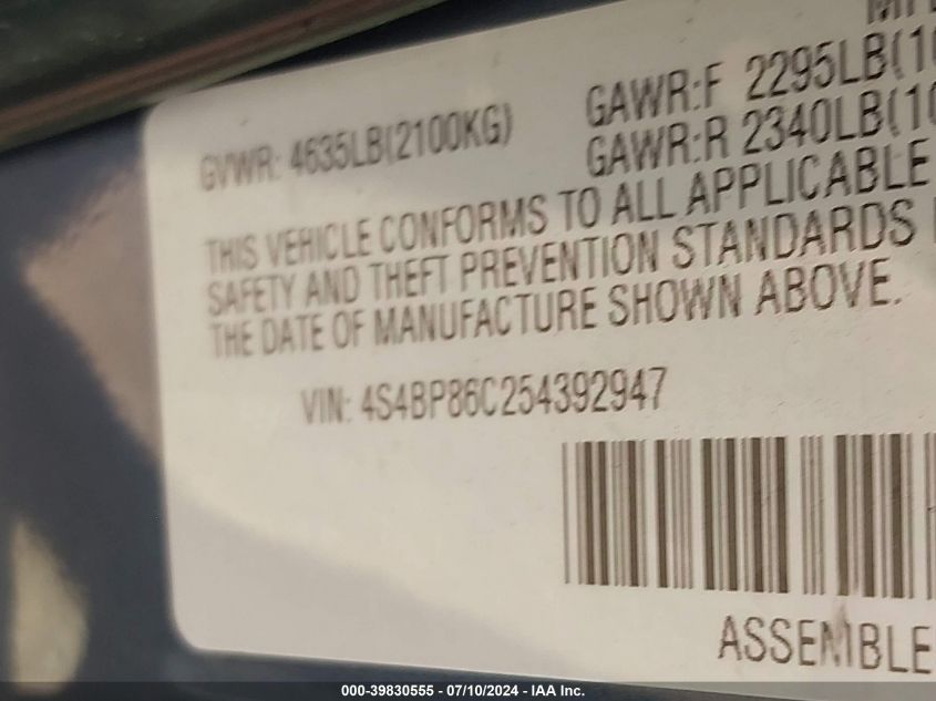 2005 Subaru Outback 3.0R L.l. Bean Edition VIN: 4S4BP86C254392947 Lot: 39830555