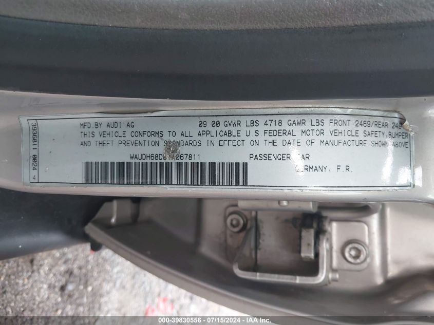 2001 Audi A4 2.8 VIN: WAUDH68D01A067811 Lot: 39830556