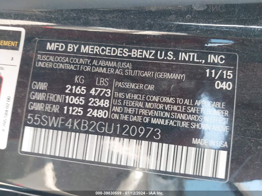 2016 Mercedes-Benz C 300 4Matic/Luxury 4Matic/Sport 4Matic VIN: 55SWF4KB2GU120973 Lot: 39830559