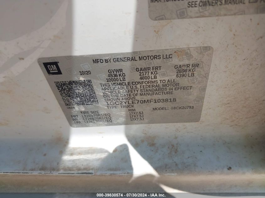 2021 Chevrolet Silverado K2500 Heavy Duty VIN: 1GC2YLE70MF103818 Lot: 39830574