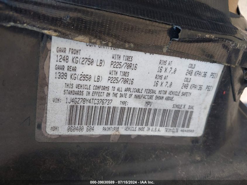 1996 Jeep Grand Cherokee Limited VIN: 1J4GZ78Y4TC376737 Lot: 39830589