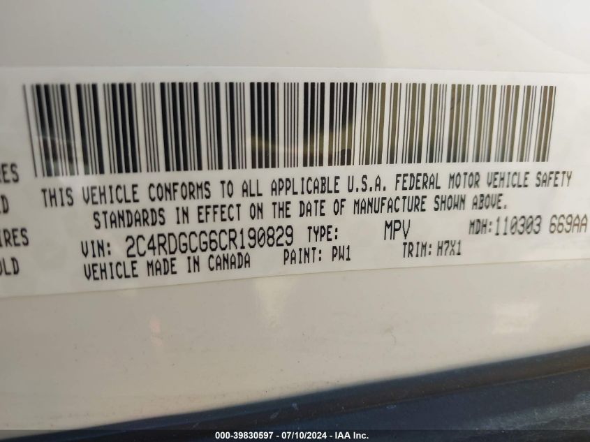 2012 Dodge Grand Caravan Sxt VIN: 2C4RDGCG6CR190829 Lot: 39830597