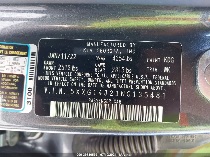 2022 Kia K5 Lxs VIN: 5XXG14J21NG135481 Lot: 39830599