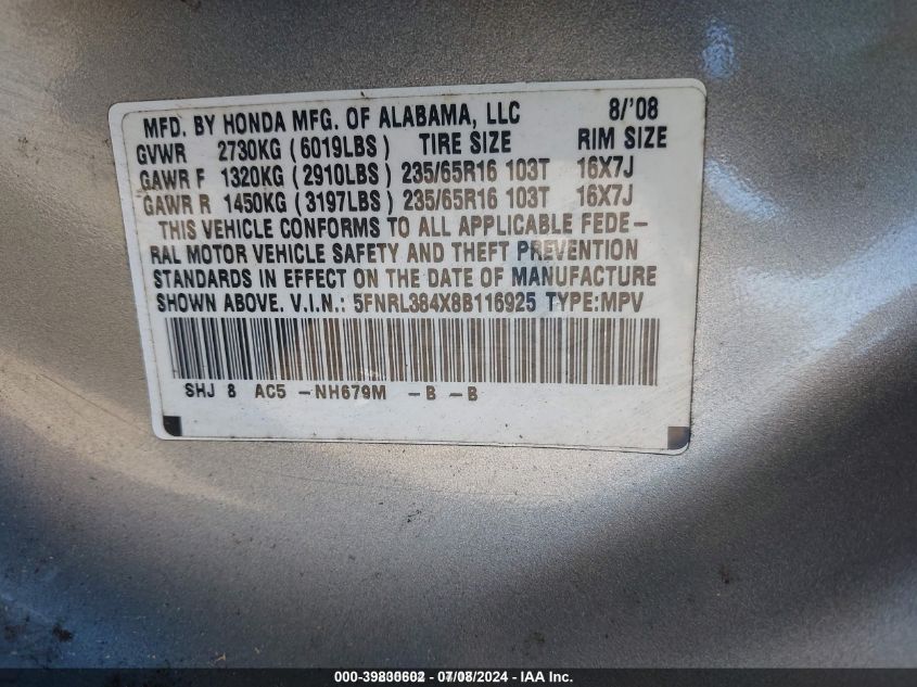 2008 Honda Odyssey Ex VIN: 5FNRL384X8B116925 Lot: 39830602