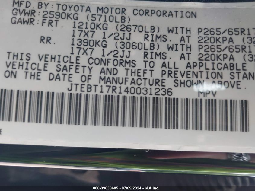 2004 Toyota 4Runner Limited V8 VIN: JTEBT17R140031236 Lot: 39830605