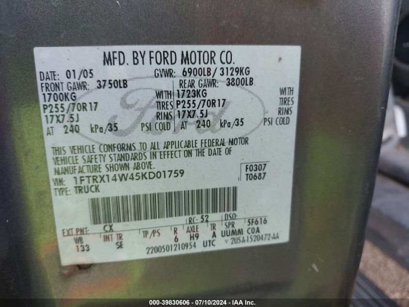 2005 Ford F-150 Stx/Xl/Xlt VIN: 1FTRX14W45KD01759 Lot: 39830606
