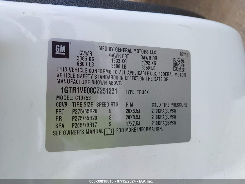 2012 GMC Sierra 1500 Sle VIN: 1GTR1VE08CZ251231 Lot: 39830610