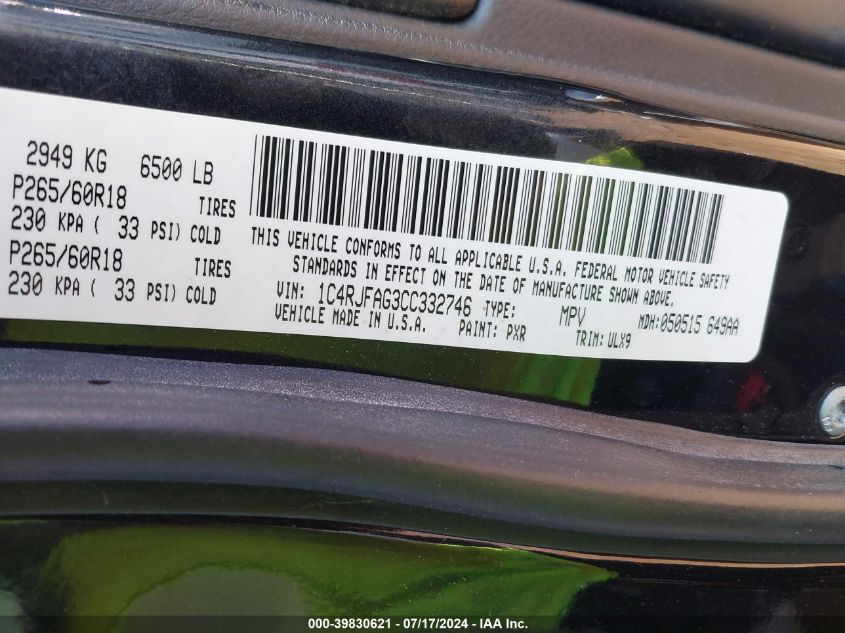 2012 Jeep Grand Cherokee Laredo VIN: 1C4RJFAG3CC332746 Lot: 39830621