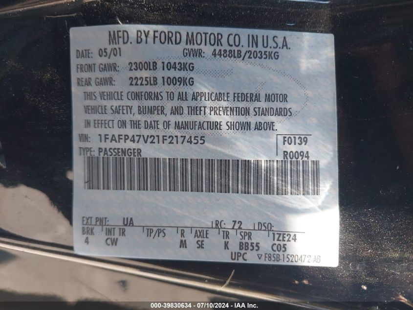 2001 Ford Mustang Cobra VIN: 1FAFP47V21F217455 Lot: 39830634