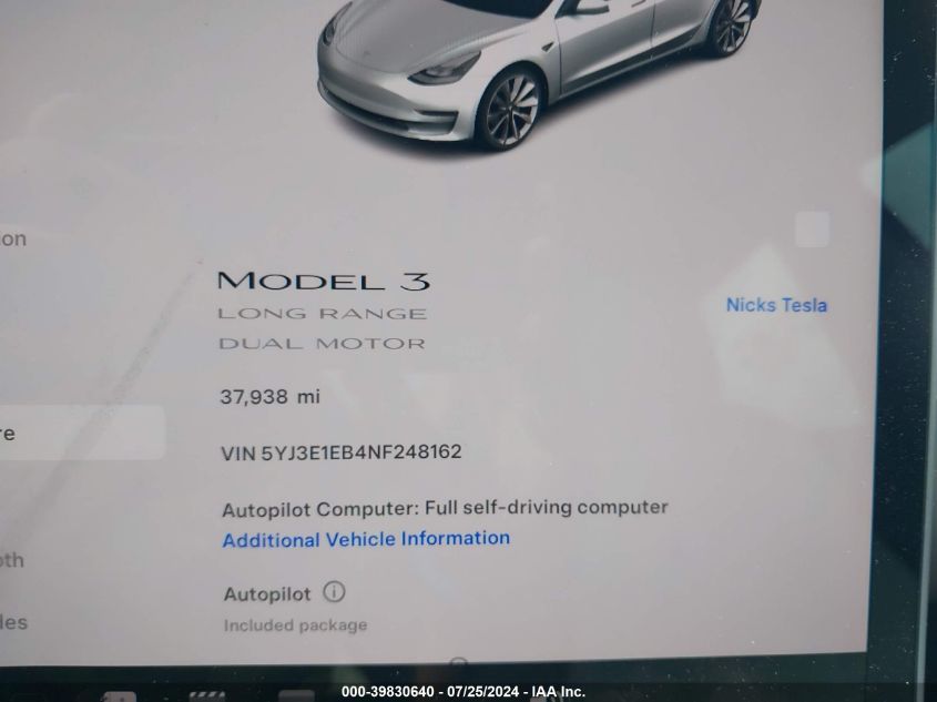 2022 Tesla Model 3 Long Range Dual Motor All-Wheel Drive VIN: 5YJ3E1EB4NF248162 Lot: 39830640