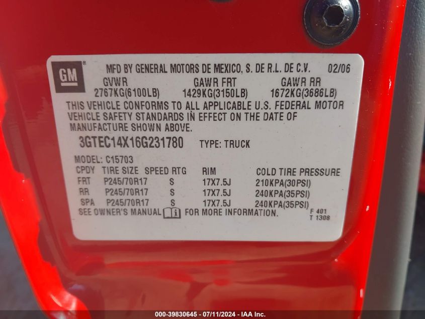 2006 GMC Sierra 1500 Work Truck VIN: 3GTEC14X16G231780 Lot: 39830645