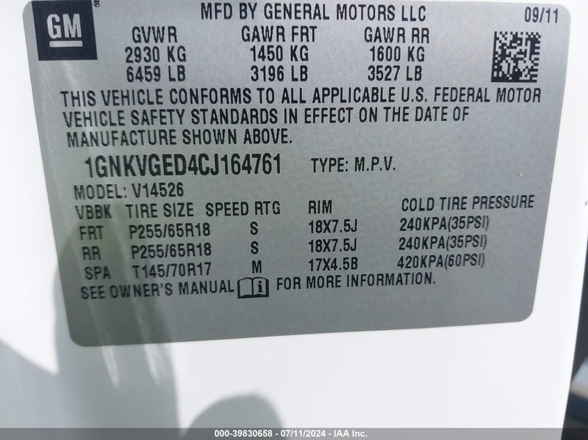 2012 Chevrolet Traverse 1Lt VIN: 1GNKVGED4CJ164761 Lot: 39830658