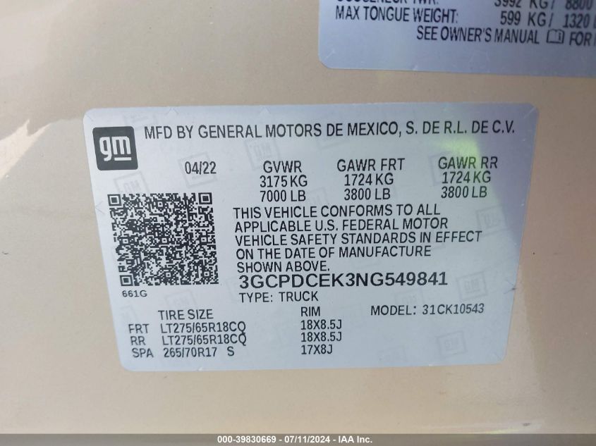 2022 Chevrolet Silverado 1500 4Wd Short Bed Custom Trail Boss VIN: 3GCPDCEK3NG549841 Lot: 39830669