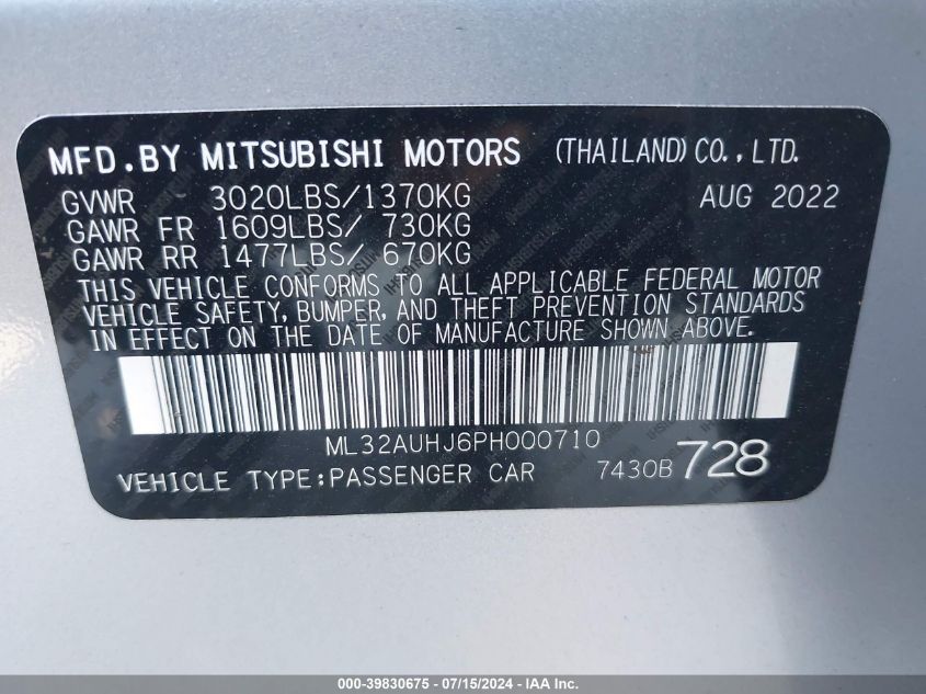 ML32AUHJ6PH000710 2023 Mitsubishi Mirage Es/Le