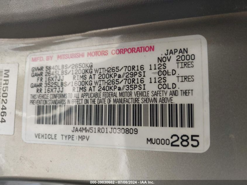 2001 Mitsubishi Montero Limited VIN: JA4MW51R01J030809 Lot: 39830682