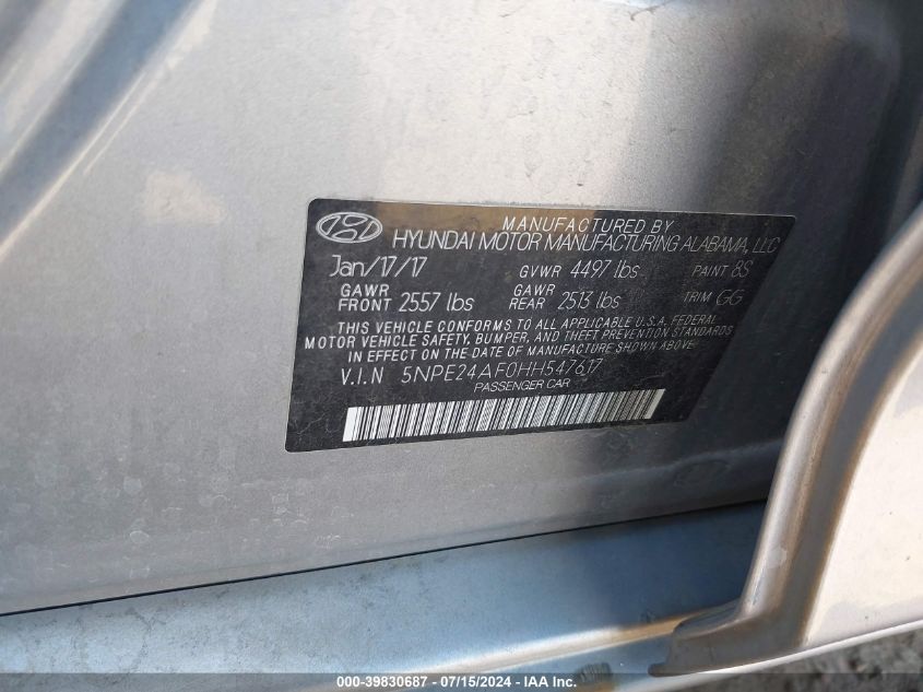 2017 Hyundai Sonata Se VIN: 5NPE24AF0HH547617 Lot: 39830687