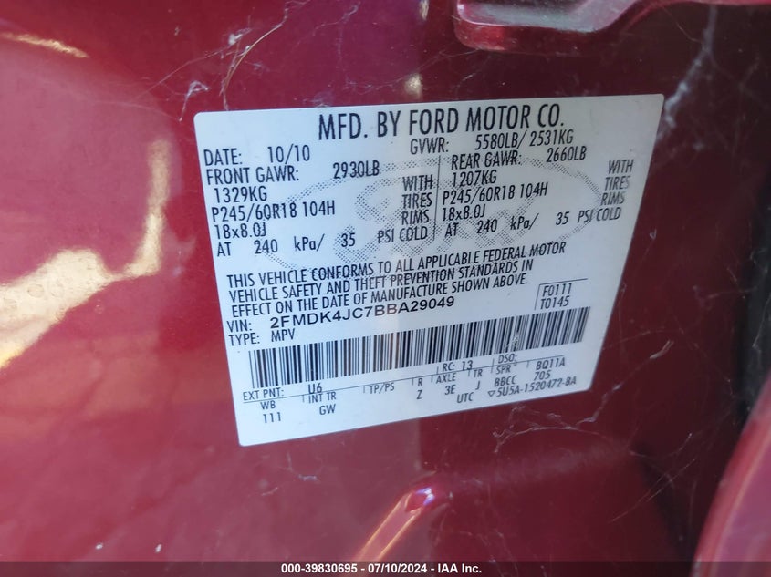 2011 Ford Edge Sel VIN: 2FMDK4JC7BBA29049 Lot: 39830695