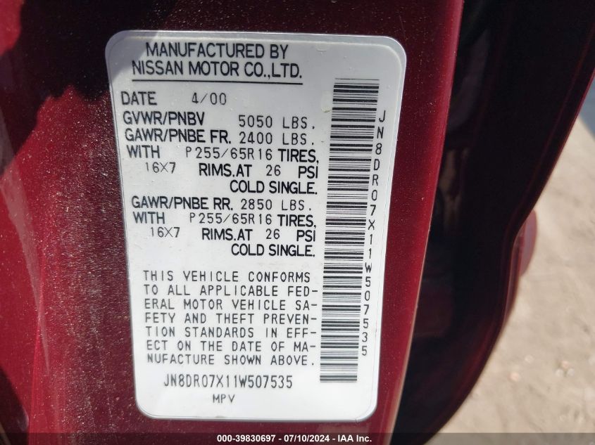 2001 Nissan Pathfinder Le/Se/Xe VIN: JN8DR07X11W507535 Lot: 39830697