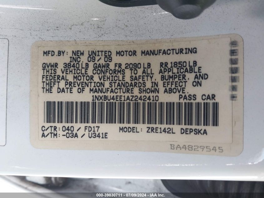 2010 Toyota Corolla S/Le/Xle VIN: 1NXBU4EE1AZ242410 Lot: 39830711