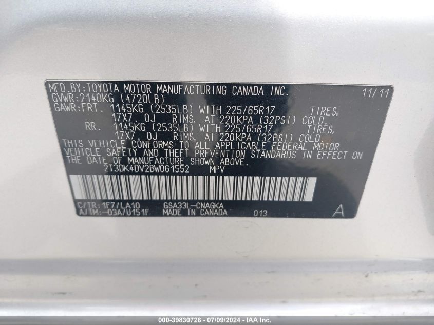 2011 Toyota Rav4 Limited V6 VIN: 2T3DK4DV2BW061552 Lot: 39830726