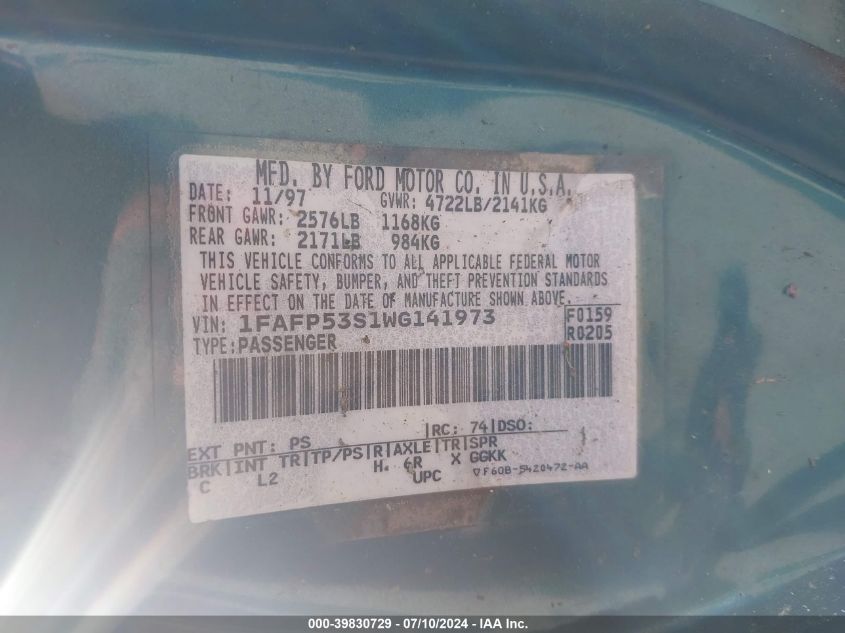 1998 Ford Taurus Se Comfort VIN: 1FAFP53S1WG141973 Lot: 39830729